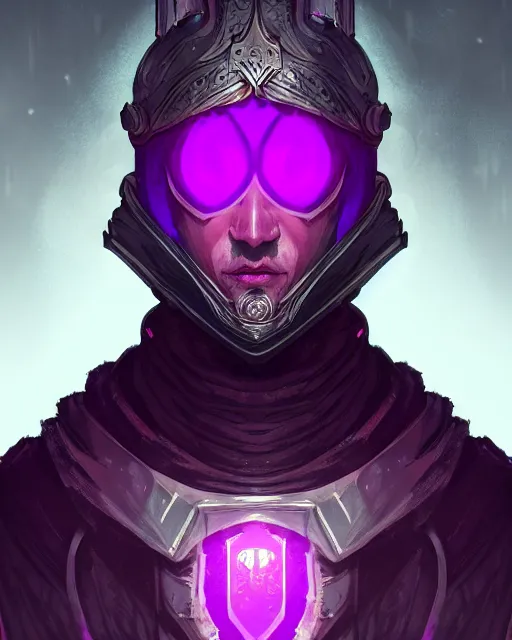 Image similar to a portrait of a medieval king, cyberpunk, purple color scheme, glowing eyes, grim - lighting, high - contrast, intricate, elegant, highly detailed, digital painting, artstation, concept art, smooth, sharp focus, illustration