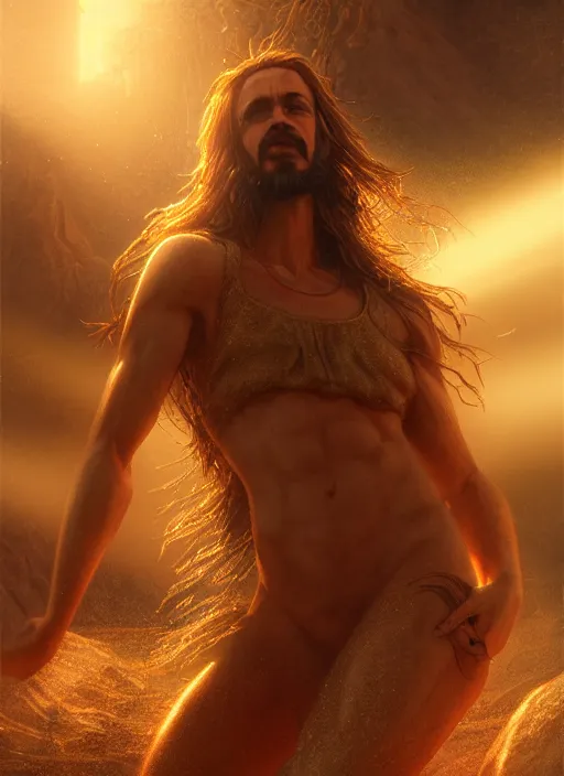 Image similar to jesus gone wild, mega detailed, volumetric lighting, beautiful, golden hour, sharp focus, ultra detailed, cgsociety by Leesha Hannigan, Ross Tran, Thierry Doizon, Kai Carpenter, Ignacio Fernández Ríos, noir photorealism, film”