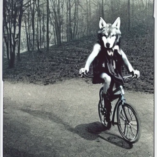 Prompt: A wolf riding a bicycle, polaroid, 1980s