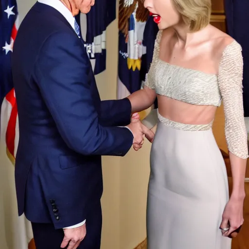 Prompt: taylor swift shaking hands with joe biden, 8 k uhd, perfect faces