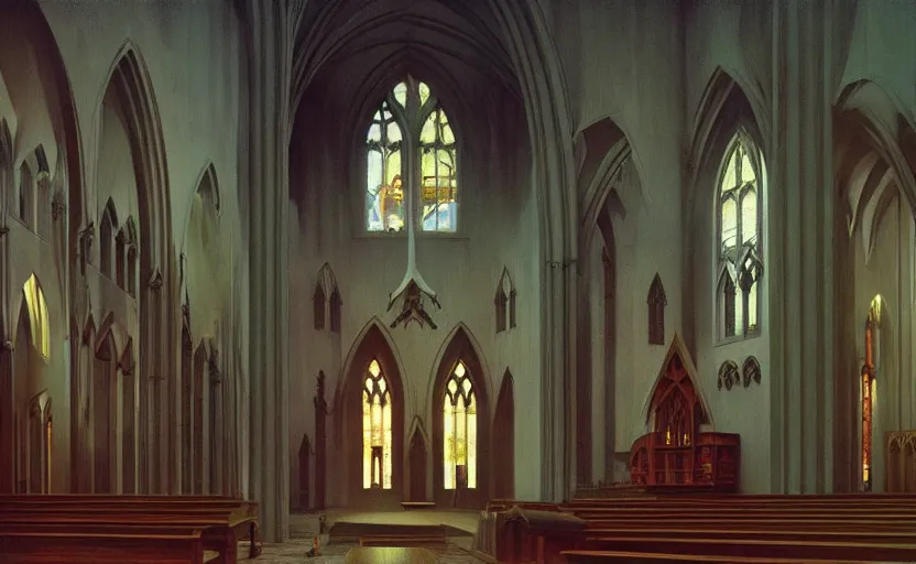 Image similar to Inside a gothic church, Edward Hopper and James Gilleard, Zdzislaw Beksinski, Mark Ryden, Wolfgang Lettl highly detailed, hints of Yayoi Kasuma