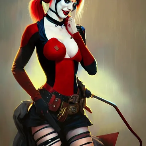 Image similar to Beautiful Emma Roberts as Harley Quinn, western, D&D, fantasy, intricate, elegant, highly detailed, digital painting, artstation, concept art, matte, sharp focus, illustration, art by Artgerm and Greg Rutkowski and Alphonse Mucha