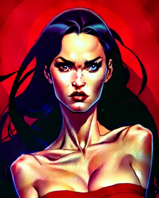 Image similar to artgerm, joshua middleton comic cover art, full body pretty megan fox holding a shotgun, red dress, symmetrical eyes, symmetrical face, long curly black hair, dark city background, cinematic lighting