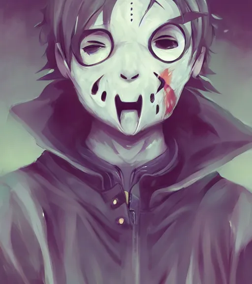 Image similar to beautiful little boy anime character inspired by jason voorhees and frankstein, art by rossdraws, wlop, ilya kuvshinov, artgem lau, sakimichan and makoto shinkai, concept art, anatomically correct, extremely coherent, realistic, mask, smooth hd