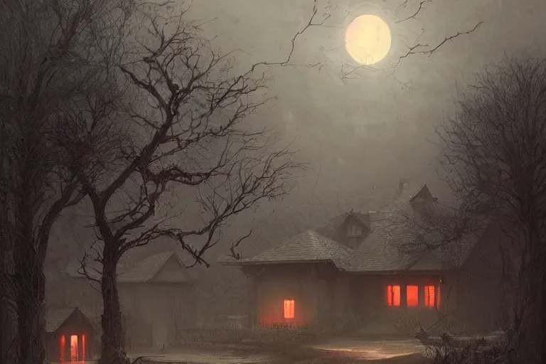 Image similar to suburban neighborhood, a strange doglike creature, huge with glowing red eyes lurking by a house, a moonlit night, greg rutkowski zdzisław beksinski, detailed matte painting, cinematic, photorealistic, masterpiece