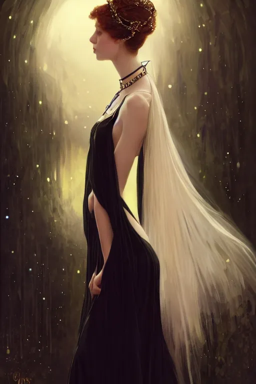 Image similar to Nocturne, glowing, stars, a long-legged elegant sultry woman, long auburn hair, pearl choker, tiara, highly detailed, mysterious, ethereal, dressed in black velvet, haute couture, illustration, dramatic lighting, soft details, painting, by Edmund Blair Leighton, Brom, Charlie Bowater, trending on artstation, faces by otto schmidt