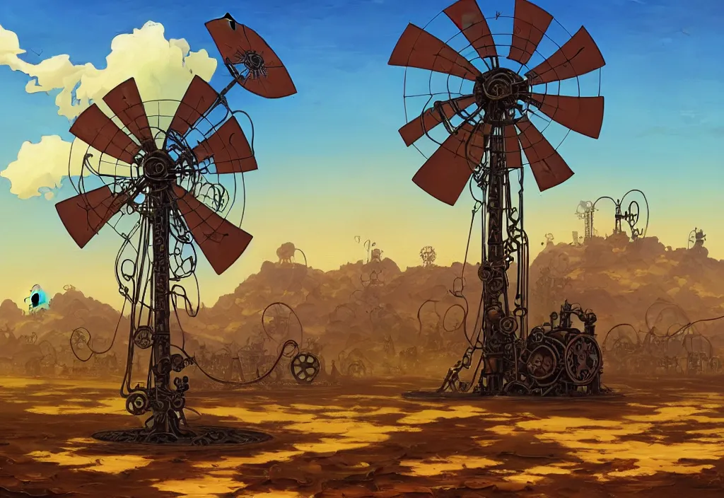 Image similar to steampunk windmill in the desert with chubby vines and puddles in the foreground, intricate oil painting, high detail illustration, sharp high detail, manga and anime 1 9 9 9, official fanart behance hd artstation by jesper ejsing and makoto shinkai, 4 k,