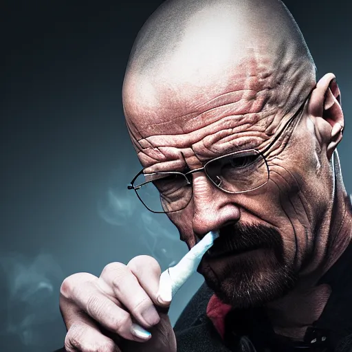 Image similar to angry walter white wiping blood off his mouth, extreme detail, studio light, photorealistic, gritty, movie still, cinematic, smoke, soft focus, well edited, 8 k, atmospheric, dark, leather jacket