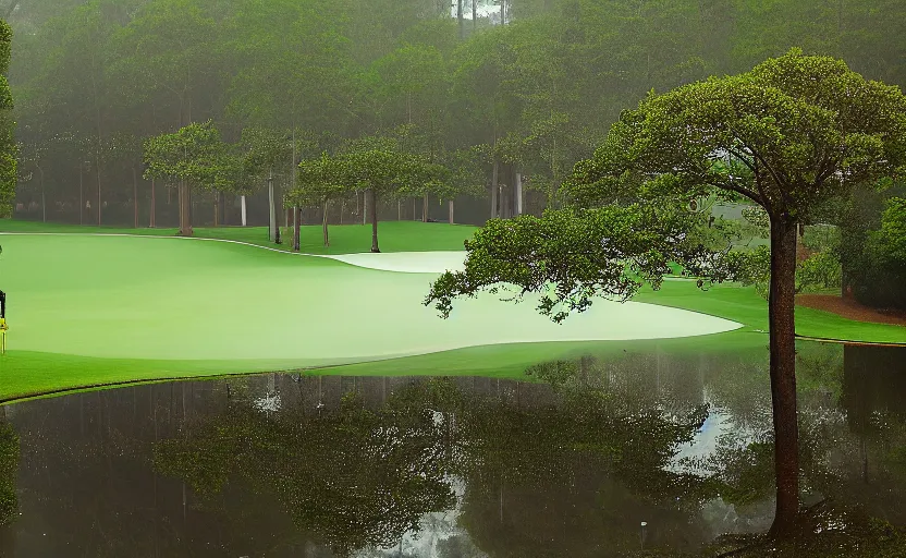 Image similar to augusta national, the masters, many beautiful flowers and magnlia trees, completely flooded with brown water during rain storm, beautiful ambient light, fog,