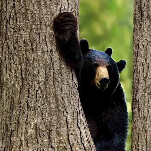 Prompt: bear hiding in a tree, realistic