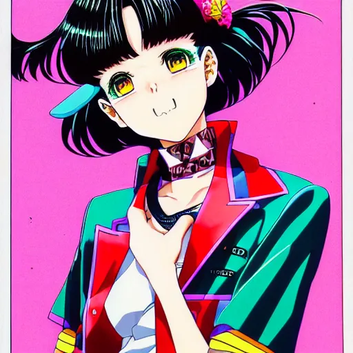 Image similar to 1993 Magazine Cover Anime key visual of a Gucci girl; official media; typography; drawn by Hirohiko Araki; Jojo's Bizarre Adventure; Jojolion, portrait, made by Stanley Artgerm Lau, WLOP, Rossdraws, James Jean, Andrei Riabovitchev, Marc Simonetti, Yoshitaka Amano, ArtStation