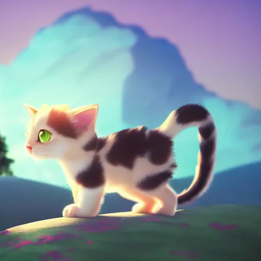 Image similar to ! dream a wholesome animation key shot of a kitten on a hill, simetrical medium shot, studio ghibli, pixar and disney animation, sharp, rendered in unreal engine 5, anime key art, bloom, dramatic lighting