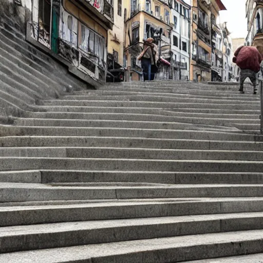 Prompt: a rollator on steps in Porto, greg rutkowski
