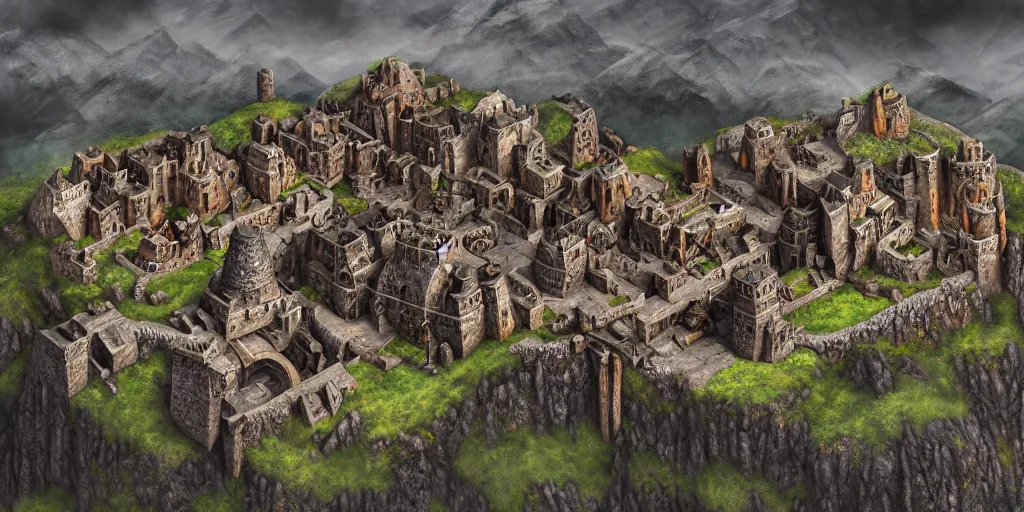 Image similar to aerial view of a dwarven fortress at the edge of a mountain range, as a matte oil painting, photorealistic, landscape, medieval fantasy, epic, smelters, forges, waterwheels, chiseled architecture, ornate, intricate, trading depots, extremely detailed, sharp focus