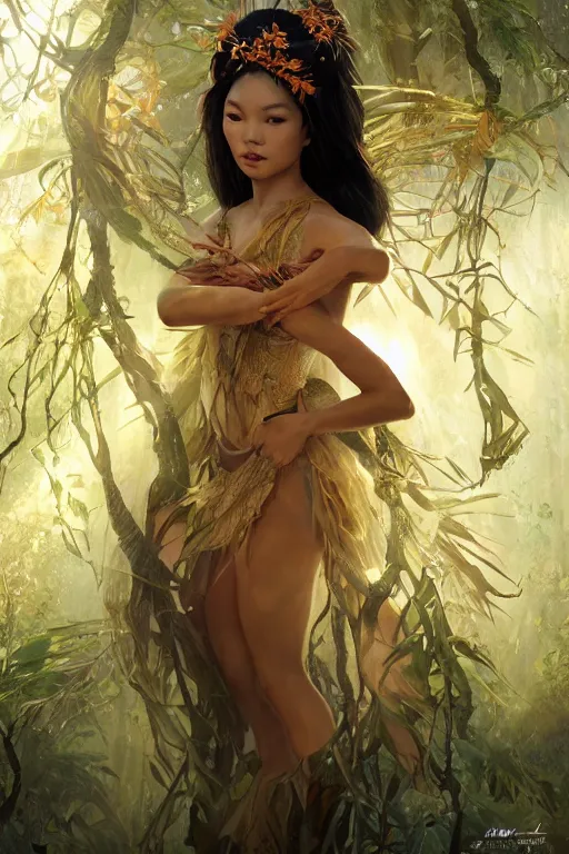 Image similar to stunningly beautiful, filipina geisha prima ballerina in jungle, symmetrical face, golden hour, smooth, focus, highly detailed, hyper realistic, dramatic lighting, elegant, intricate, concept art, art by wlop, mars ravelo, greg rutowski, artstation