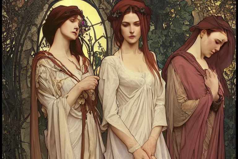 Prompt: the three marys mourning at the sepulchre, painting, art by artgerm and greg rutkowski and alphonse mucha