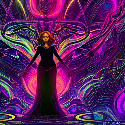 Prompt: long Shot of psychedelic Black widow standing in mysterious chromatic astral temple , beautiful, dmt, omnious, soft, hypermaximalistic, high details, cinematic, 8k resolution, artwork by Wong, Liam