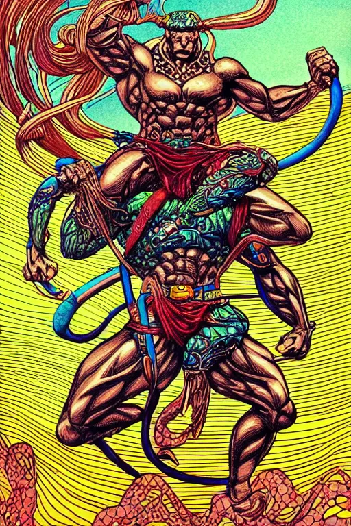 Prompt: illustration of a buff man riding a frog, lightning and static surges around him, intricate linework, in the style of moebius, ayami kojima, 1 9 9 0's anime, retro fantasy