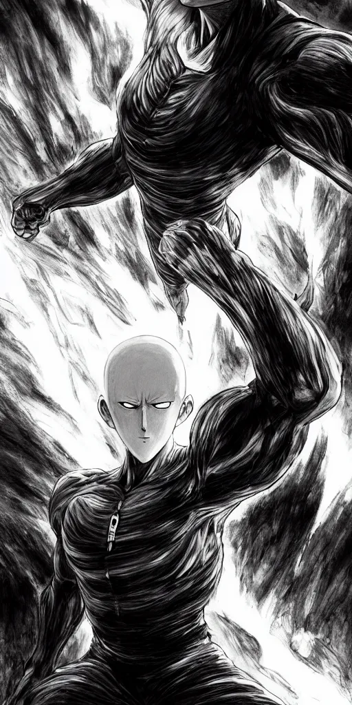 Image similar to concept art of one punch man, full body, dark colors, sinister atmosphere, dramatic lighting, cinematic, establishing shot, extremely high detail, photo realistic, cinematic lighting, pen and ink, intricate line drawings, by Yoshitaka Amano, Ruan Jia, Kentaro Miura, Artgerm, post processed, concept art, artstation, matte painting, style by eddie mendoza, raphael lacoste, alex ross,