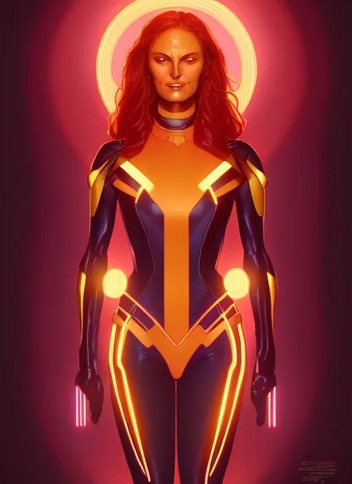 Image similar to symmetry portrait of jean grey from 9 0 s x - men, glowing lights, intricate, elegant, highly detailed, digital painting, artstation, concept art, smooth, sharp focus, illustration, art by artgerm and greg rutkowski and alphonse mucha