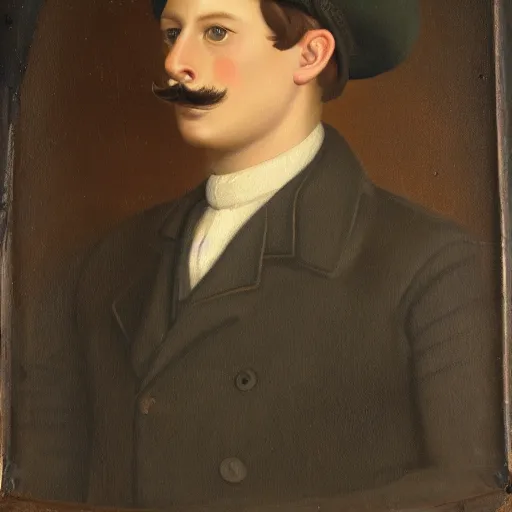 Image similar to portrait of a british young man in a flat cap, a small mustache, and a nice brown suit, oil painting