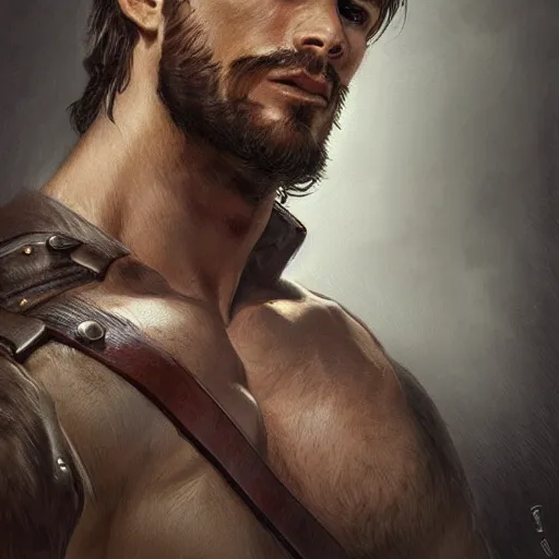 Image similar to portrait of a rugged ranger, 2 5 years old, handsome, muscular, upper body, leather, hairy torso, d & d, fantasy, intricate, elegant, highly detailed, digital painting, artstation, concept art, smooth, sharp focus, illustration, art by artgerm and greg rutkowski and alphonse mucha