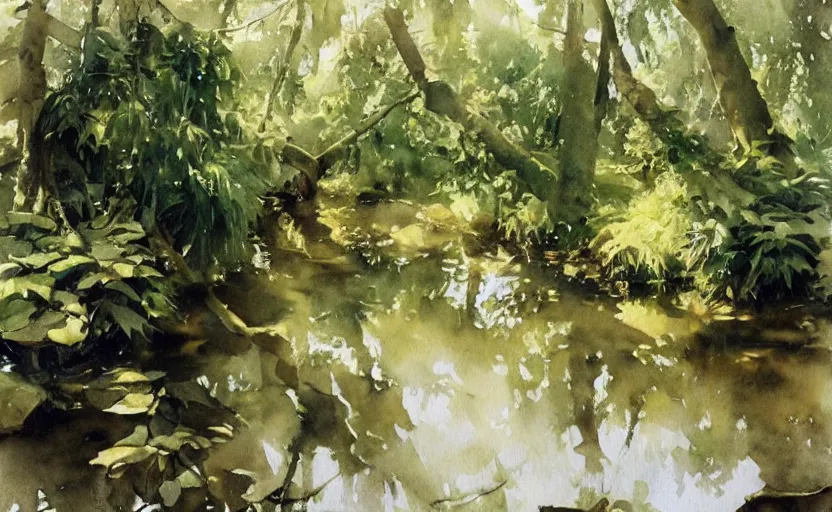 Prompt: watercolor lanscape by anders zorn, jungle nature, fruit trees, very very very very beautiful art, dramatic light, water reflections, aquarelle paint splashes and drips, drops