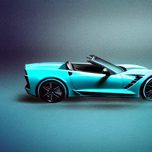 Image similar to a small dark luminous turquoise color liquid water sculpture is hybrid of a corvette convertible, luminous turquoise color liquid water masquerades as a corvette convertible, viscous, reflective, monochromatic, digital art