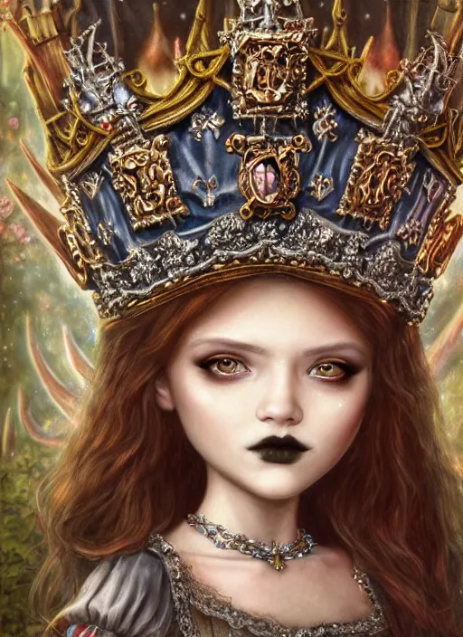 Image similar to highly detailed closeup portrait of a goth fairytale medieval princess wearing a crown and sitting on a throne, surrounded by cute medieval goblins, unreal engine, nicoletta ceccoli, mark ryden, earl norem, lostfish, global illumination, god rays, detailed and intricate environment