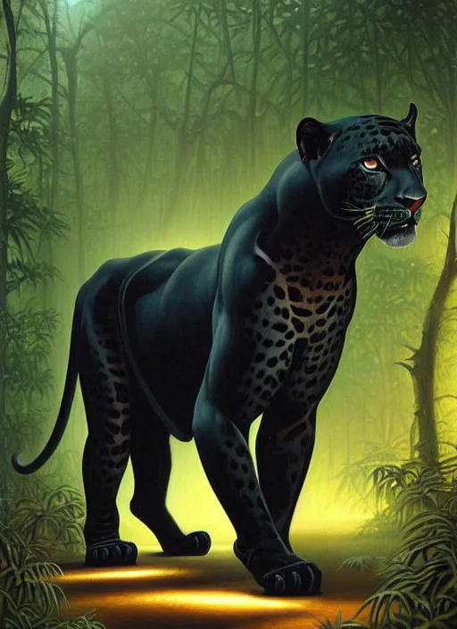 Image similar to a beautiful black jaguar waling in the jungle at night, art by christophe vacher