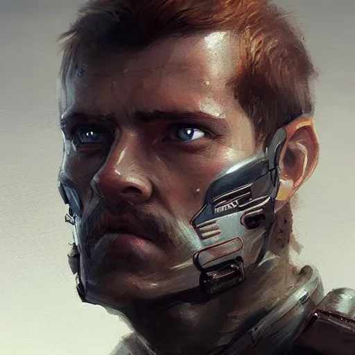 Image similar to Portrait of a man by Greg Rutkowski, he is about 40 years old, short copper hair, attractive, military composure, younger brother vibes, expression of sorrow and disbelief, he is wearing futuristic tactical gear, highly detailed portrait, digital painting, artstation, concept art, smooth, sharp foccus ilustration, Artstation HQ.