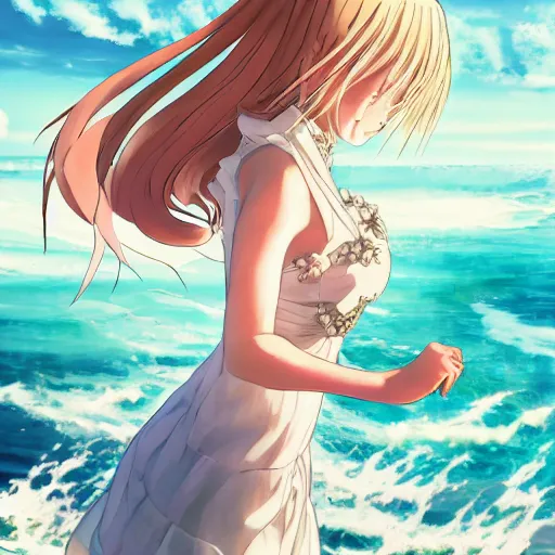 Image similar to image of Barbara genshin impact in a light dress against the sea, anime art, genshin impact, highly detailed, beautiful, art, 4k, soft light, studio light