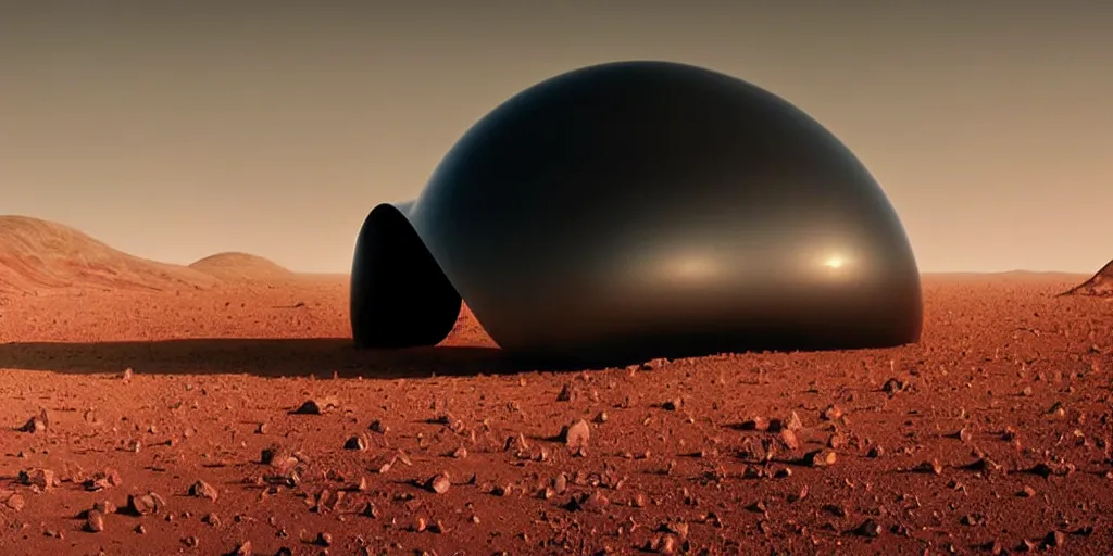 Image similar to a strange huge transparent pvc inflated organic architecture building black matte by jonathan de pas sits in the planet mars landscape, golden hour, film still from the movie directed by denis villeneuve with art direction by zdzisław beksinski, close up, telephoto lens, shallow depth of field