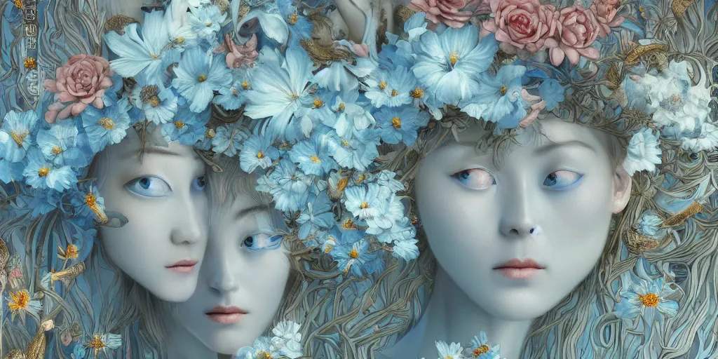 Image similar to breathtaking detailed concept art painting art deco pattern of blonde faces goddesses amalmation light - blue flowers with anxious piercing eyes and blend of flowers and birds, by hsiao - ron cheng and john james audubon, bizarre compositions, exquisite detail, extremely moody lighting, 8 k