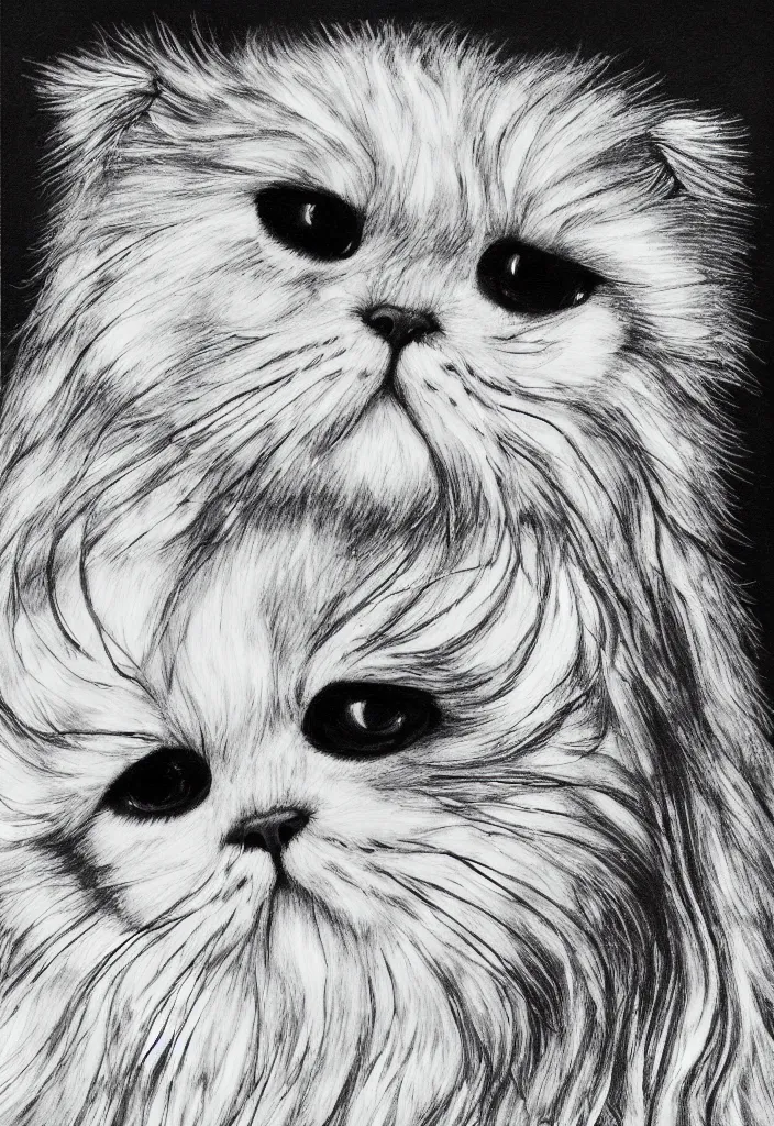 Image similar to longhair floof fluffy coiffed groom elegant gorgeously champion cute pretty scottish fold, radiant line art pen and ink and paint, grisaille dark monochrome with neon fluorescent color airbrush spraypaint accents, by jules julien, wes anderson, lisa frank