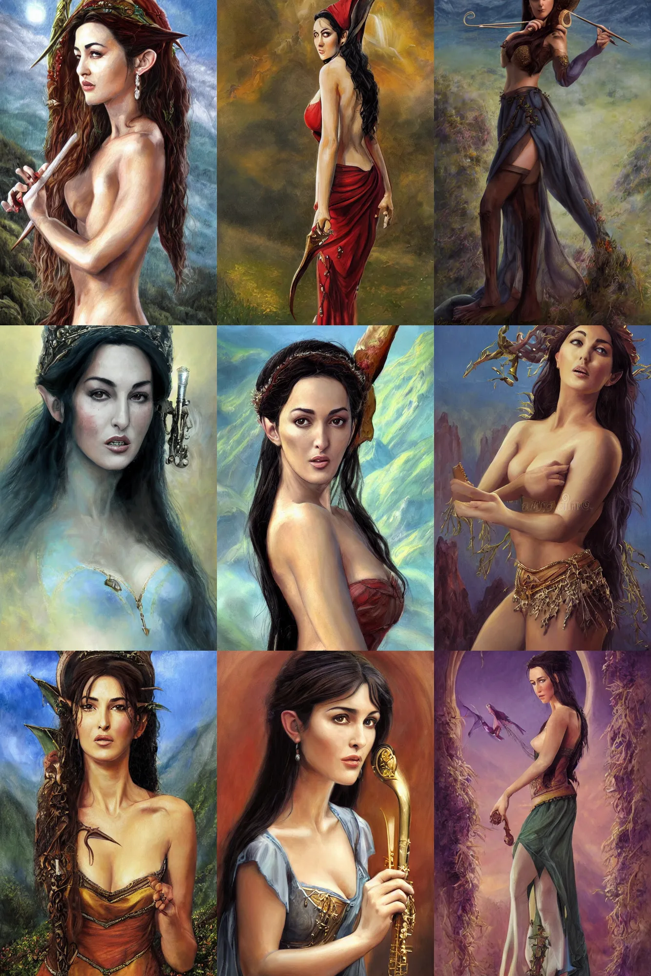 Image similar to a full body high detail fantasy portrait oil painting illustration of young monica bellucci as a beautiful sophisticated singing bard elf by justin sweet with face and body clearly visible, in a scenic background, pupils visible, realistic proportions, d & d, rpg, forgotten realms, artstation trending, high quality, sombre mood, artstation trending, muted colours, entire person visible!