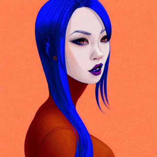 Image similar to illustrated portrait of orange-skinned devil woman with blue hair cut in a bob by rossdraws