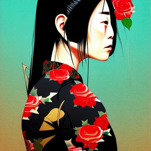 Image similar to portrait of japenese woman :: side profile :: in ocean :: roses and guns metal details :: gold :: blood and horror :: by marvel and Sandra Chevrier