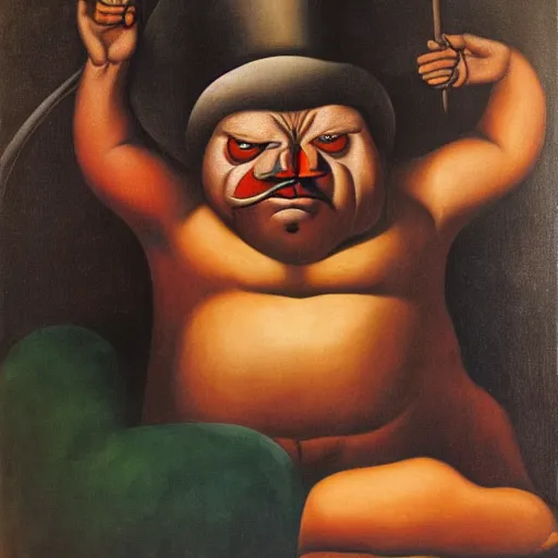 Prompt: colombian devil by botero, jp morgan