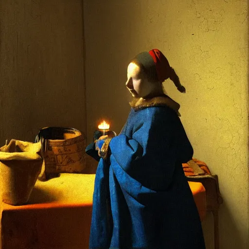 Image similar to Painting of a horse wearing peasant clothing, holding a lit candle in the dimly lit room, by Johannes Vermeer