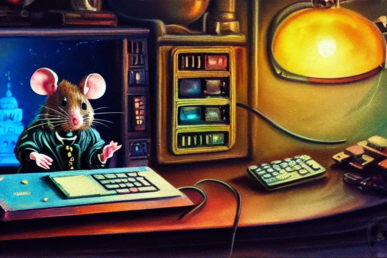 Prompt: A mouse is working on a computer in a Gothic atelier, oil painting, detailed, colorful, glowing lighting, 4k, dimly lit, in the style of vintage Disney 90s retro future,