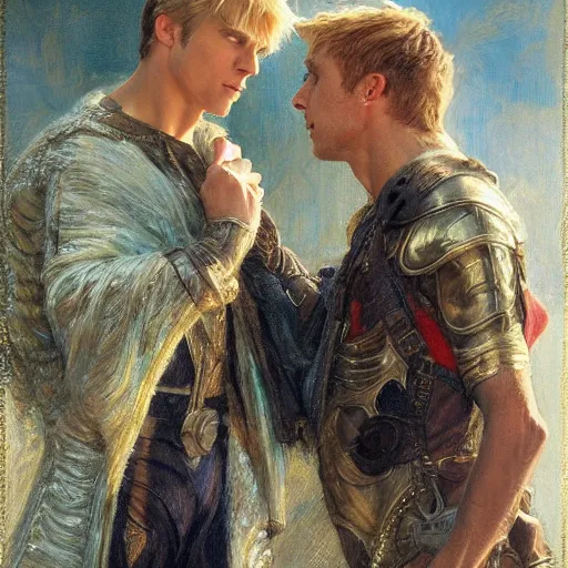 Image similar to attractive arthur pendragon confesses his love to attractive male merlin. highly detailed painting by gaston bussiere, craig mullins, j. c. leyendecker 8 k