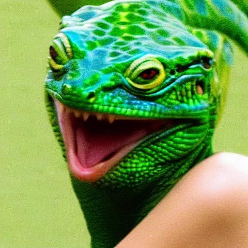 Prompt: A photograph Emma Stone transforming into a green wet lizard, terrified or angry face.