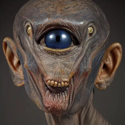 Image similar to portrait shot of a humanoid alien with reptile features, award, winning, sothebys, fine art photography