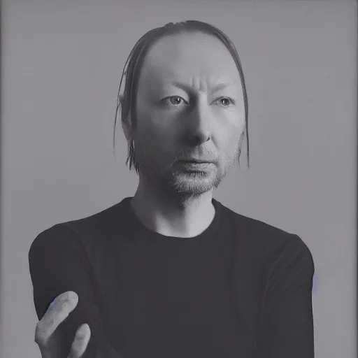 Prompt: Radiohead, Yorke, with a beard and a black shirt, a computer rendering by Martin Schoeller, cgsociety, de stijl, uhd image, tintype photograph, studio portrait, 1990s, calotype