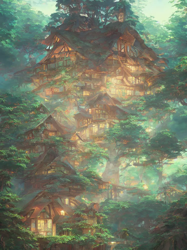 Prompt: a beautiful painting of a gucci cottage tree house, anime landscape, morning light, in the style of ross tran, studio ghibli and kay john yim, cgsociety highly detailed, 8 k