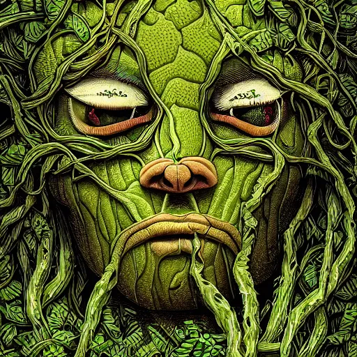 Prompt: 'straggled humanoid amalgamation of leaves and plants, face made of vines, swamp thing, detailed portrait, intricate complexity, Dan Mumford, quixel megascan' H 768