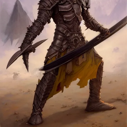 Image similar to ( ( ( quarter length portrait of a gaunt noseless yellow - skinned bald githyanki warrior in a breastplate, wielding a magical silver greatsword ) ) ), greg rutkowski, frank frazetta, alexandre chaudret, boris vallejo, michael whelan, miro petrov, magali villeneuve, donato giancola, d & d
