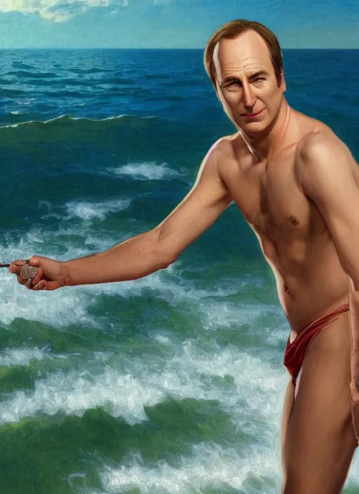 Image similar to portrait Bob Odenkirk as sea lifeguard on the beach, full length shot, shining, 8k highly detailed, sharp focus, illustration, art by artgerm, mucha, bouguereau