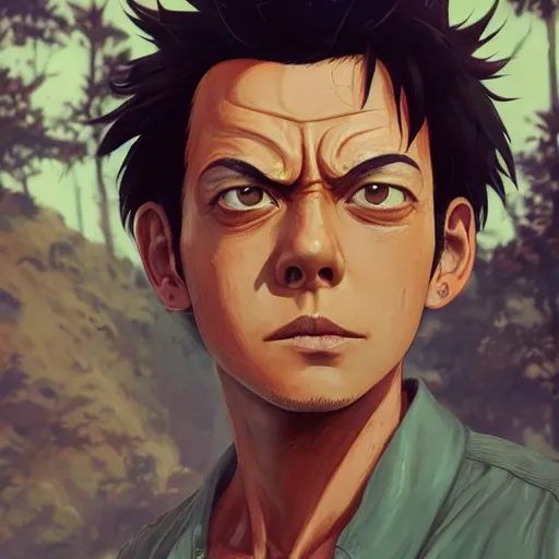 Image similar to highly detailed portrait luffy in gta v, stephen bliss, unreal engine, fantasy art by greg rutkowski, loish, rhads, ferdinand knab, makoto shinkai and lois van baarle, ilya kuvshinov, rossdraws, tom bagshaw, global illumination, radiant light, detailed and intricate environment